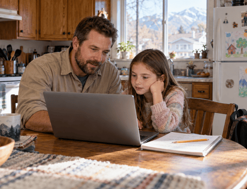 Father helps his daughter with homework on a laptop at their kitchen table, with a notebook nearby and mountains visible through the window.