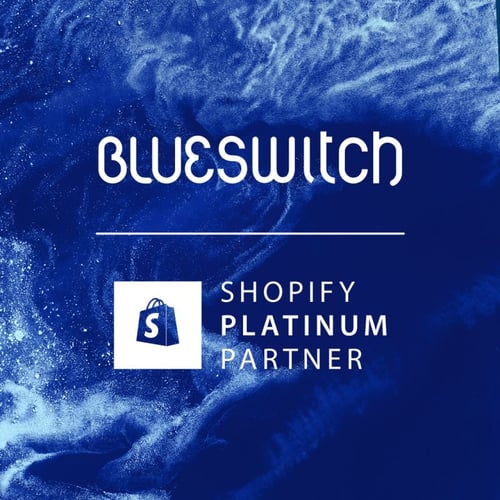 The BlueSwitch logo and Shopify Platinum Partner badge on a blue marbled background
