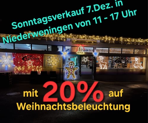 Sonntagsverkauf 7. Dezember 2025 von 11-17 Uhr. Mit 20% Rabatt auf Weihnachtsbeleuchtung. Vorbei kommen geniessen und profitieren. Wir freuen uns auf Sie an der Dorfstrasse 35 in 8166 Niederweningen