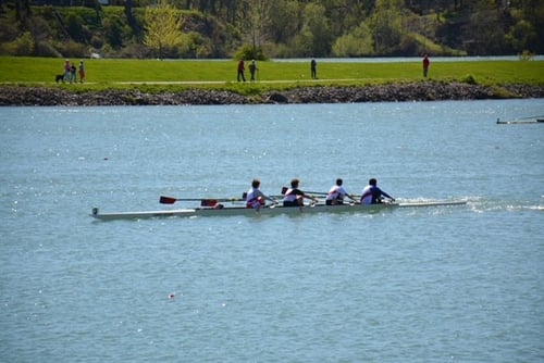 A team of four people rowing