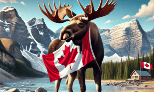 Moose wearing a Canadian flag in a mountain landscape with a lake, cabin, and snow-capped peaks in the background