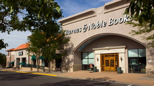 Trees on either side of front entrance of Barnes & Noble Books at Westminster City Center shopping center