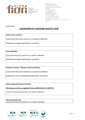 Circolare chiusura Agosto 2026