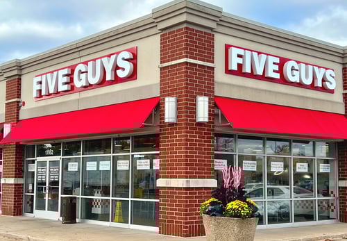 Entrance to the Five Guys Restaurant at 17852 Halsted St. in Homewood, Illinois.