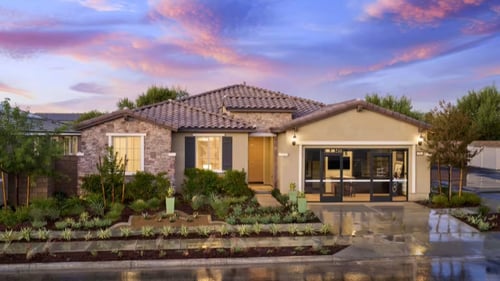 Street view of model homes in Haciendas at Highland Grove by Pulte Homes in Riverside, CA.