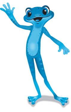 Photo of Freddie, bluefrog's handy mascot waving