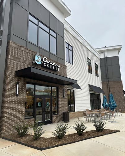 Storefront of the Caribou Coffee at 8909 Lindholm Drive in Huntersville