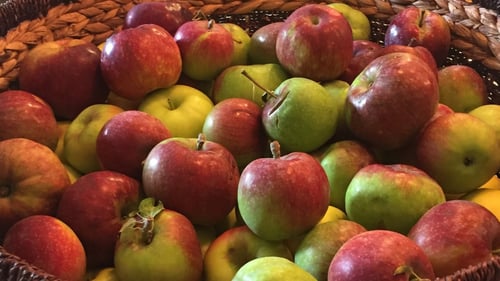 Close up of various apples in a basket