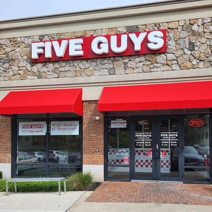 Entrance to the Five Guys restaurant at 3056 Route 10 West in Denville New Jersey.