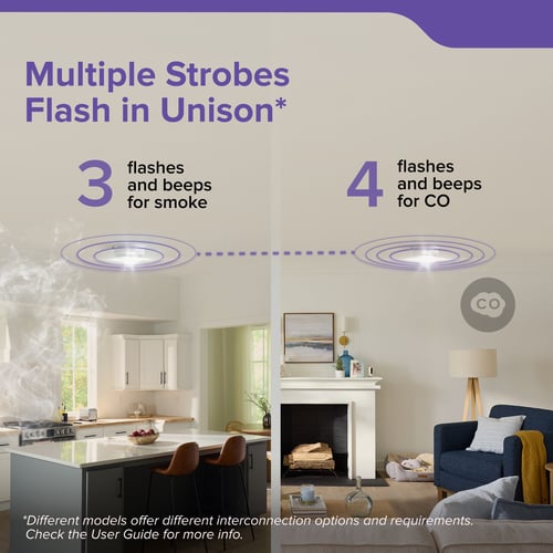 50CUA10-S: Multiple Strobes Flash in Unison* 3 flashes and beeps for smoke. 4 flashes and beeps for CO. Different models offer different interconnection options and requirements. Check the User Guide for more info.