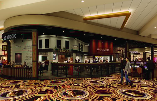 500 Black Food Hall at Caesars Virginia Hotel & Casino featuring burgers, BBQ, and pizza in Danville, VA.