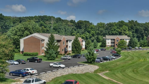 Aerial view of exterior at Sandhurst Apartments, Zanesville, Ohio
