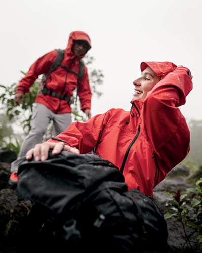 Two people in Columbia rain gear.
