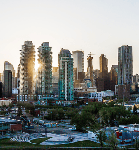 Calgary City skyline at sunset, featuring tall, modern buildings with a warm glow from the setting sun. Green trees in the foreground add contrast. Calm atmosphere.