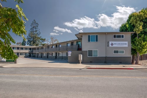 Willow Manor apartment building and sign at Willow Manor Apartments, San Jose, California