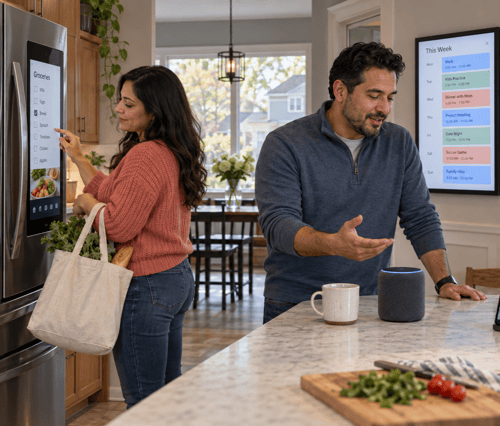 Couple using a smart refrigerator and smart speaker in a kitchen with a digital wall calendar and security camera feeds on a phone.