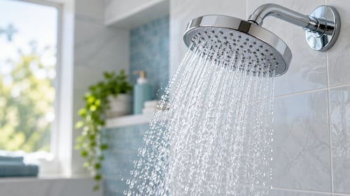 Chrome showerhead spraying a steady stream of water in a bright bathroom.