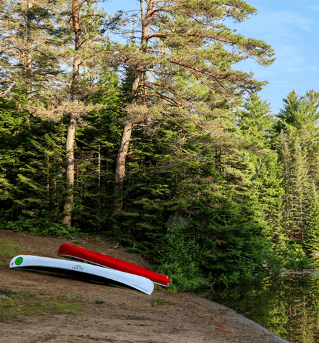 Two canoes resting on the ground near a calm lake, surrounded by a lush green forest.