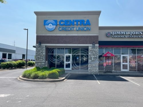 Centra Credit Union building exterior next to Jimmy John's