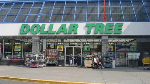 Racks of merchandise in front of Dollar Tree at Town Square shopping center