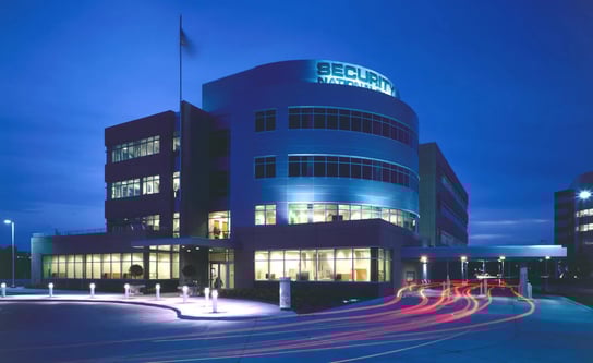 Exterior of Security National Bank - 3 Pacific Place branch at night in Omaha, NE.