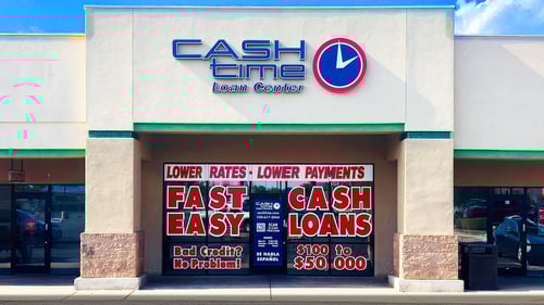 Cash Time Tucson West Valencia storefront in Valencia Business Park Plaza on West Valencia Road near Walmart Supercenter offering title loan buyouts, online title loans, registration loans, and personal loans with same day cash and fifteen minute approvals