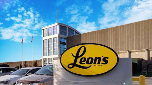 Exterior of the Leon’s Furniture Weston location, with Leon's logo in the foreground.