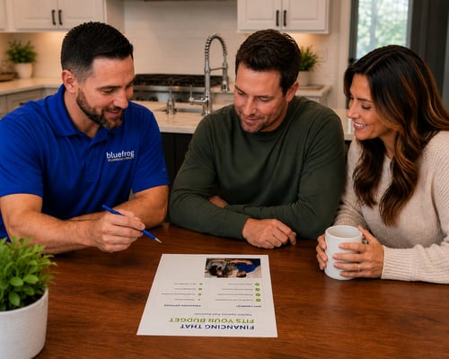 bluefrog plumber and homeowner discussing financing options in home