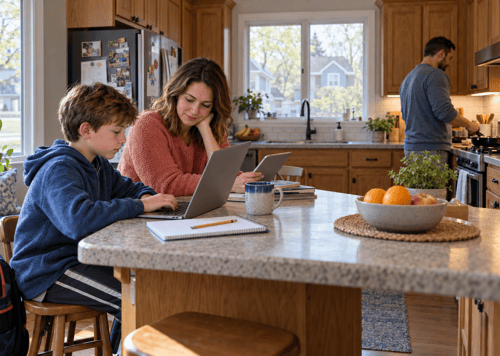 Mother holding a tablet beside her son using a laptop at the kitchen island while his father prepares breakfast.