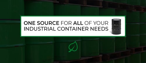 warehouse full of industrial containers with text stating one source for all of your industrial container needs