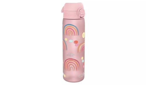 pink water bottle with rainbow design