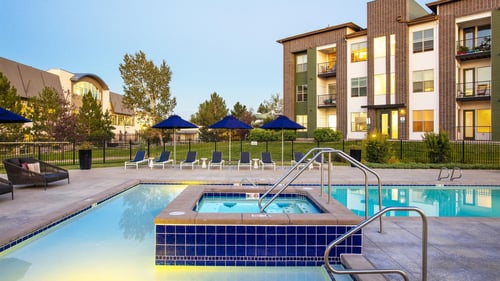 pool and spa at night at RockVue, Broomfield, 80021