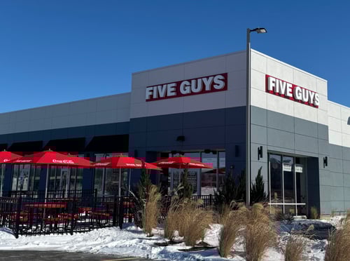 Exterior photograph of the Five Guys restaurant at 4055 Northpoint Boulevard in Waukegan, Illinois.