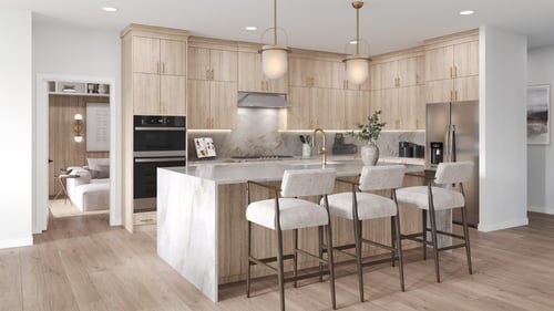 Gourmet kitchens with a large center islands and ample cabinet space