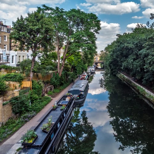 Knight Frank Islington Estate Agents - Scenic view of narrowboats moored along Regent's Canal in Islington, London, flanked by lush green trees and historic residential townhouses under a blue sky with white clouds.