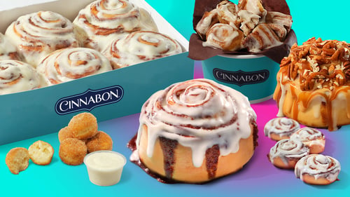 Cinnabon cinnamon rolls and baked treats including Classic Roll, BonBites, Caramel PecanBon, CinnaSweeties, Center of the Roll, and a CinnaPack