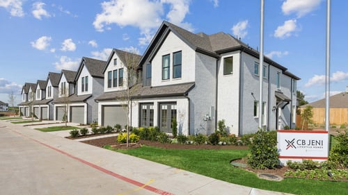 Exterior of the CB JENI Homes logo at Midtown GP in Grand Prairie, TX.