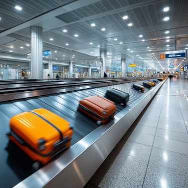 airport baggage claim area with luggage on a conveyor belt