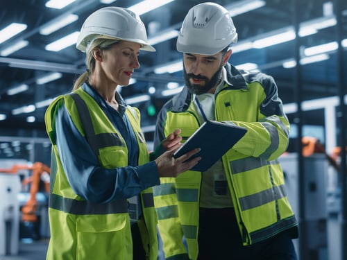 two warehouse workers looking at data on a tablet
