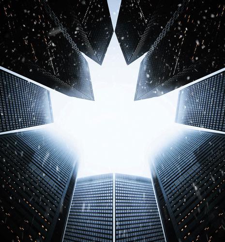 Bottom-up view of office buildings, coming together to form the silhouette of a maple leaf.