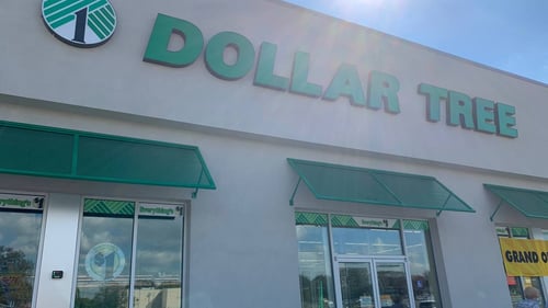 Dollar Tree entrance with green awnings