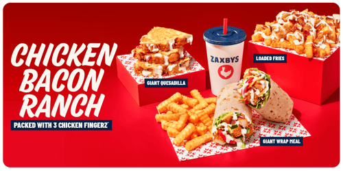 Zaxbys Chicken Bacon Ranch featuring a giant quesadilla, loaded fries, giant wrap meal, crinkle fries, and a drink on a red background.