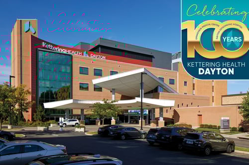 Kettering Health Dayton Exterior with 100 year anniversary logo overlay
