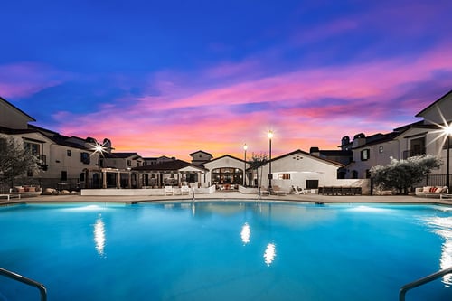 Property and swimming pool view at sunset at The Villas at Anacapa Canyon, Camarillo, CA