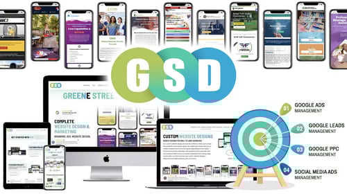 Greene Street Designs logo with responsive website mockup, mobile  iphone mockups and an arrow in a bullseye target with Google related SEO keywords and services labels around it