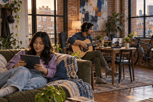 Three roommates using a tablet, taking an online guitar lesson, and editing mountain-biking footage in a Denver loft.