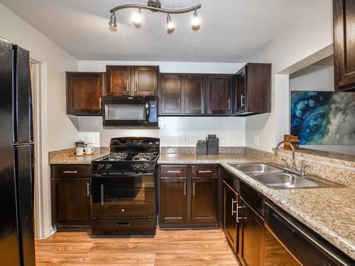 Gourmet Kitchens with Espresso Brown Cabinetry, Brushed Nickel Hardware and Black Applicances at Lakeside at Arbor Place, Douglasville, GA, 30135
