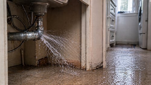 Burst pipe under a sink spraying water across a wet floor inside a suburban home.