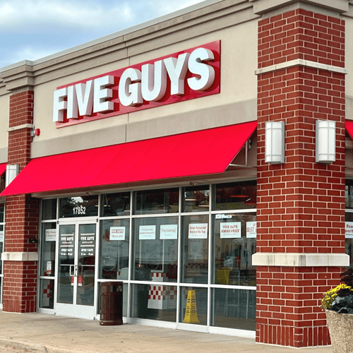 Entrance to the Five Guys Restaurant at 17852 Halsted St. in Homewood Illinois.
