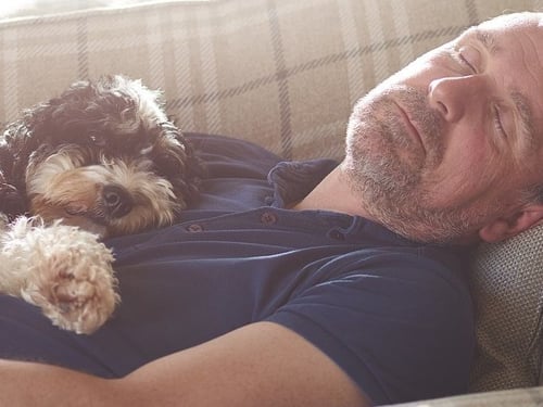 man sleeping on couch with dog laying on top of him.
